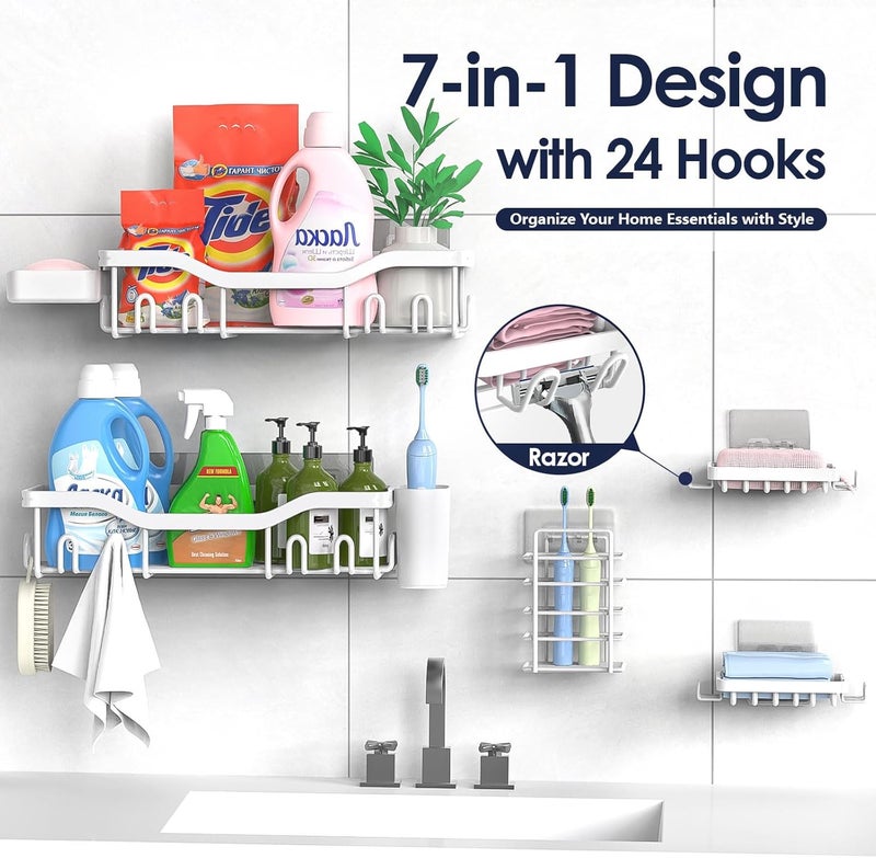 NESOMI Shower Caddy Adhesive Shower Organizer 7-Pack, Rustproof Stainless Steel Bathroom Shelves, Large Capacity No-Drill Rack Storage Accessories with Soap Dish Toothbrush Holder Hooks (White) - Image 4